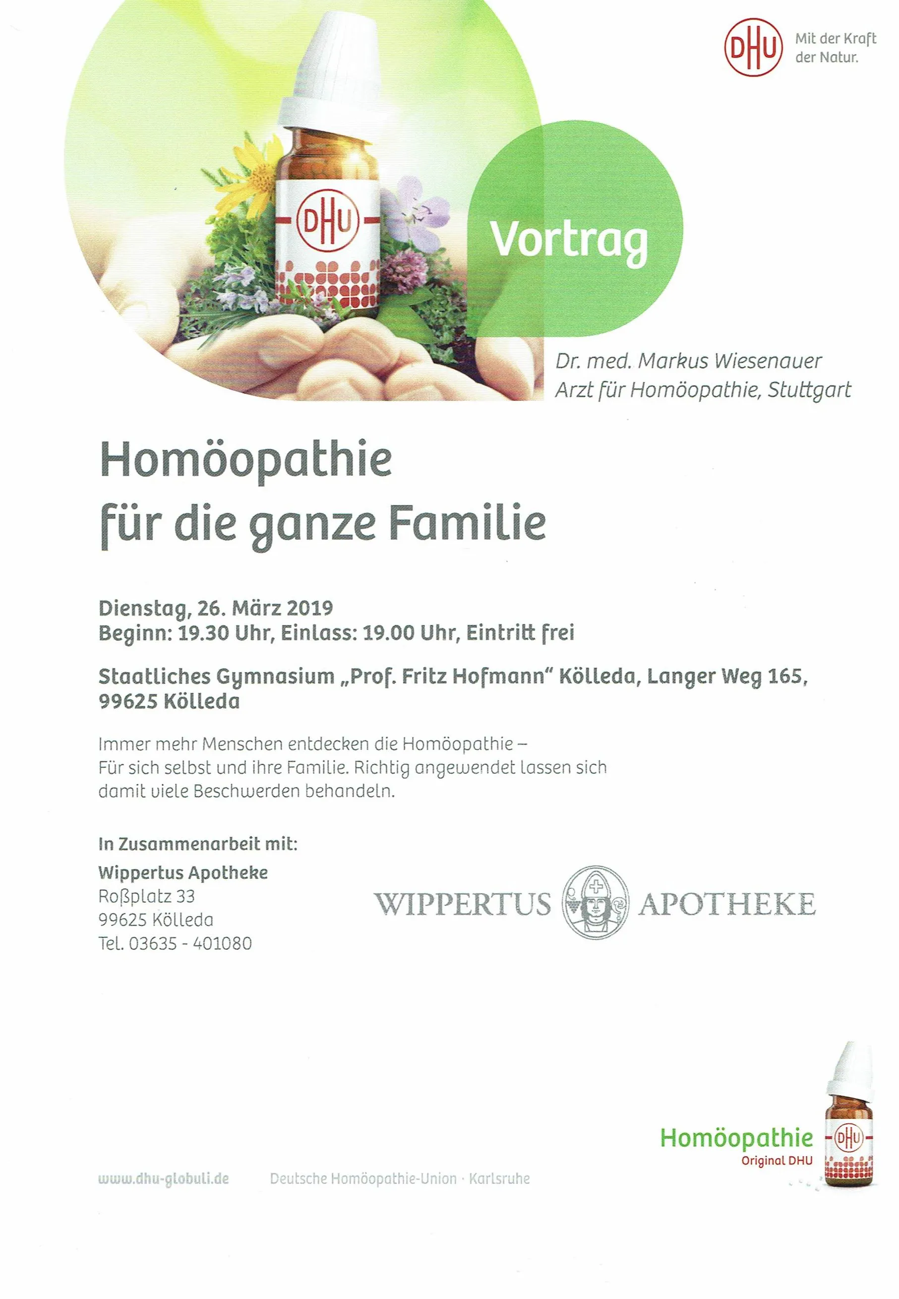 Homöopathie Vortrag am Dienstag, 26.03.2019 in Kölleda